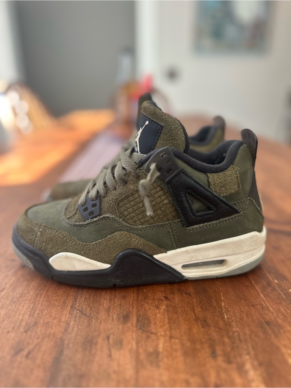 Nike Air Jordan size 4 Kids Olive Green and Black Suede Sneakers